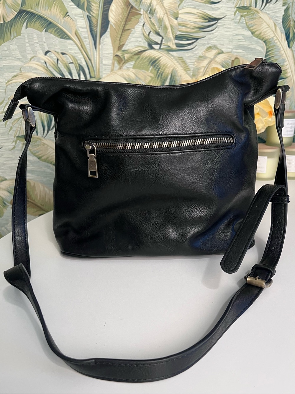Black Leather Crossbody Bag with Front Zip Pocket - Sasha+Sophie